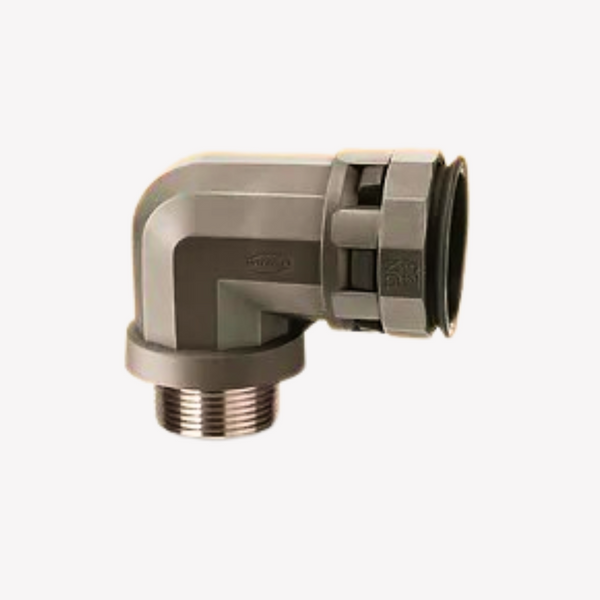 00400 CONECTOR CURVO DE 1" PARA CORAZA PLASTICA NYLOFIX CON TUERCA